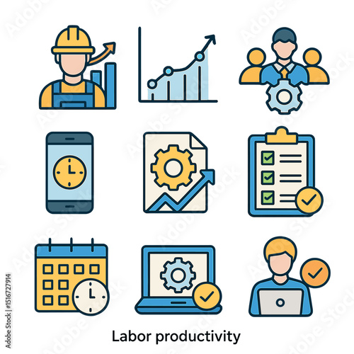 Labor Productivity Icons. Flat icon set of labor productivity: worker output chart, hours vs results graph,