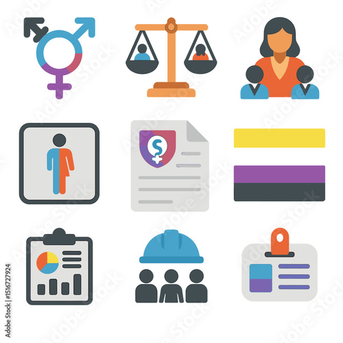 Gender Inclusion Icons. Flat icon set of gender inclusion in the workplace: gender spectrum symbol, gender
