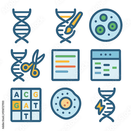 Genetic Experiment Icons. Flat icon set of genetics experiments: DNA helix, gene editing tool, petri dish with