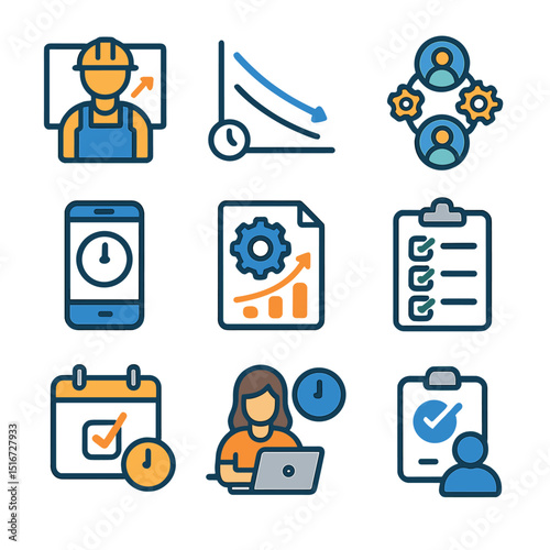 Labor Productivity Icons. Flat icon set of labor productivity: worker output chart, hours vs results graph,