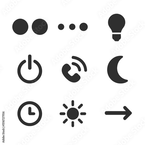 Lamp Switch Icon Set. Flat icon set of lamp switch symbols and indicators: on/off icon, dim level dots, bulb