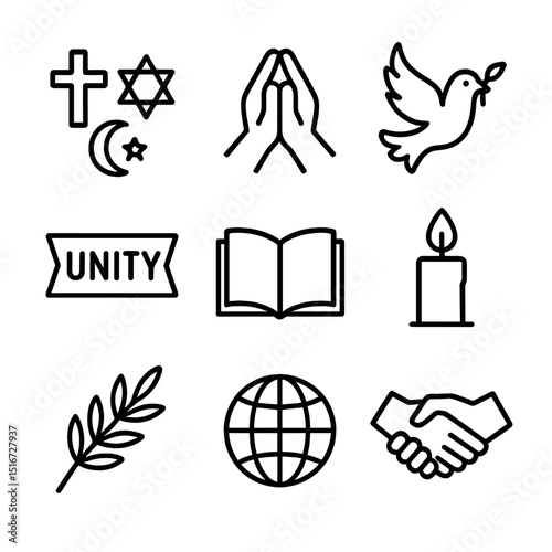Interfaith Unity Icons. Outline icon set of interfaith solidarity protest: religious symbols (cross, star, crescent), linked