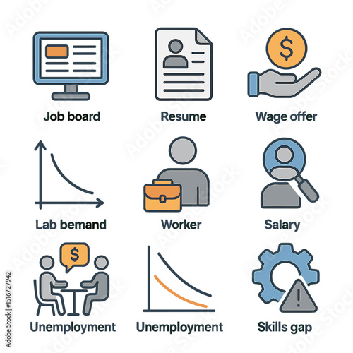 Labor Market Icons. Flat icon set of labor market dynamics: job board, resume file, wage offer icon, labor