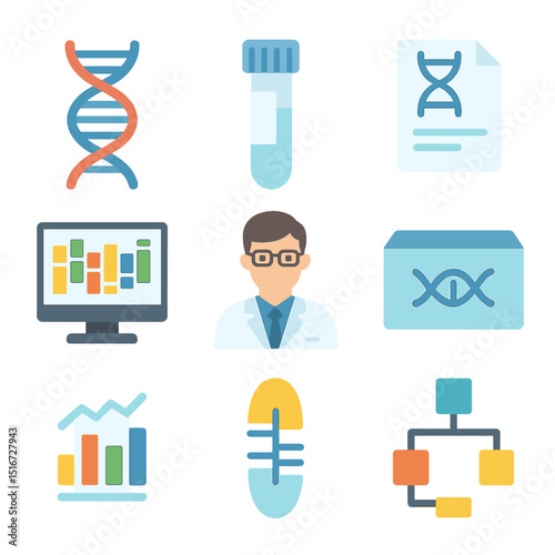 Genetic Testing Icons. Flat icon set of genetic testing in healthcare: DNA helix, saliva sample tube, test
