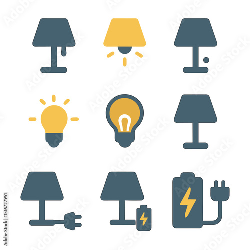 Lamp Power Icons. Flat icon set of lamp power states: lamp off, lamp on, dimmed light, flickering bulb,