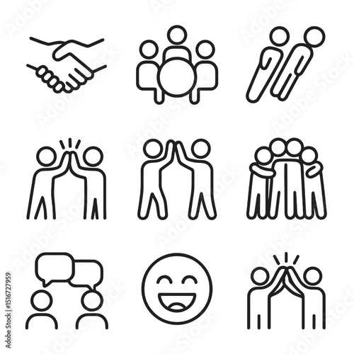 Icebreaker Icon Set. Outline icon set of icebreaker activities: handshake icon, name circle, trust fall, high-five, partner mirror