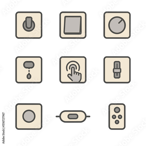 Lamp Switch Icons. Flat icon set of lamp switch types: toggle switch, rocker switch, rotary dimmer, pull chain