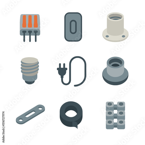 Lamp Installation Components. Flat icon set of lamp installation components: wire connector, switch casing,