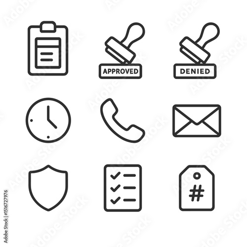Insurance Claim Icons. Outline icon set of insurance claim process: claim form, approved stamp, denied stamp, clock timer, phone