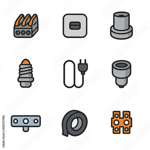 Lamp Installation Components. Flat icon set of lamp installation components: wire connector, switch casing,