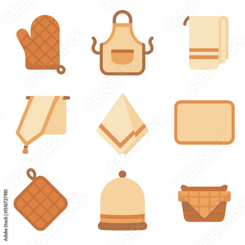Kitchen Textile Icons. Flat icon set of kitchen and dining textiles: oven mitt, apron, dish towel, table