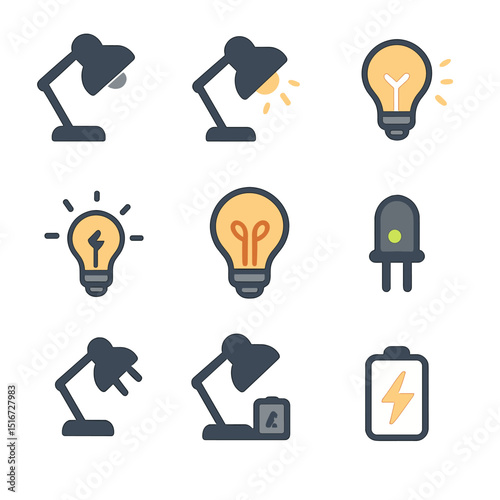 Lamp Power Icons. Flat icon set of lamp power states: lamp off, lamp on, dimmed light, flickering bulb,