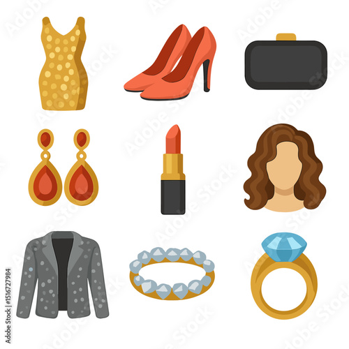 Glam Style Icons. Flat icon set of glam style for content creators: sequin dress, high heels, clutch purse,