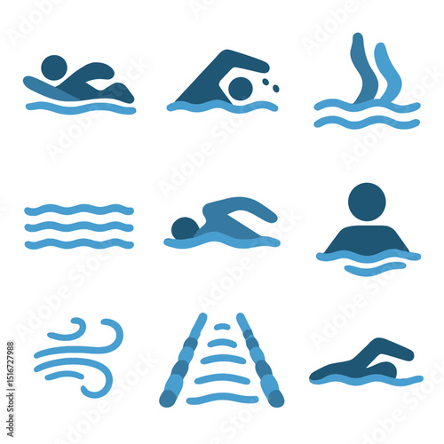 Gentle Swimming Icons. Flat icon set of gentle swimming experiences: backstroke pose, freestyle arm, flutter