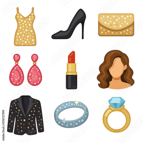 Glam Style Icons. Flat icon set of glam style for content creators: sequin dress, high heels, clutch purse,