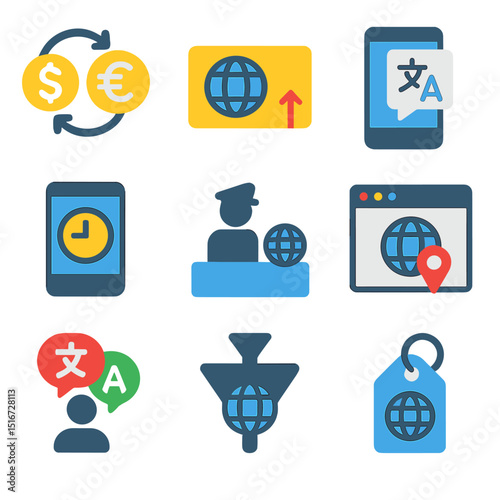 Global Shopping Icons. Flat icon set of global shopping app tools: currency converter icon, international