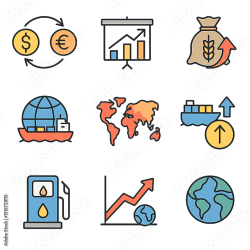 Global Inflation Icons. Flat icon set of global inflation dynamics: currency exchange arrow, import cost chart