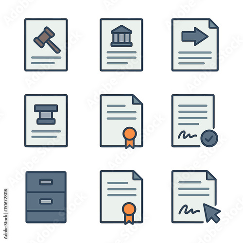 Legal Documents Icons. Flat icon set of legal documents and filings: bankruptcy petition, court summons, legal