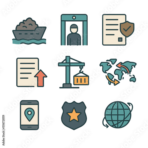 Global Logistics Icons. Flat icon set of mining export and global logistics: cargo ship with ore, customs