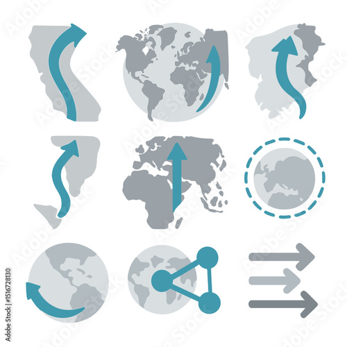Global Migration Flyways. Flat icon set of global migration flyways: Pacific flyway path, Atlantic flyway map,