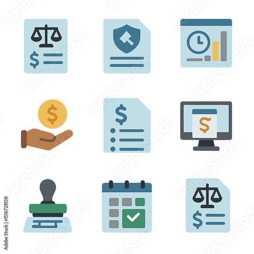 Legal Billing Icons. Flat icon set of legal billing and retainers: lawyer invoice, retainer agreement, billing