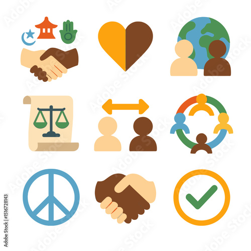 Global Unity Icons. Flat icon set of international relationship harmony: cultural symbols handshake, blended
