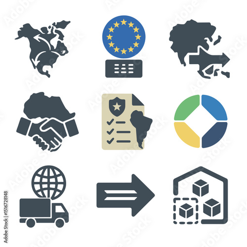 Global Trade Icons. Flat icon set of regional trade dynamics: North America map with trade lines, EU tariff