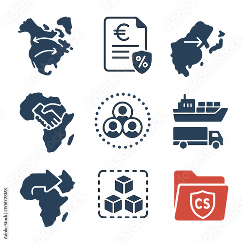 Global Trade Icons. Flat icon set of regional trade dynamics: North America map with trade lines, EU tariff