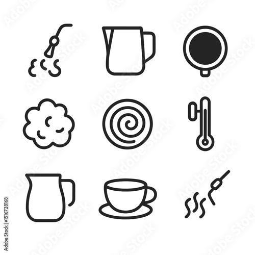 Milk Frothing Icons. Outline icon set of milk steaming and frothing: steam wand, milk pitcher, temperature gauge, froth texture,