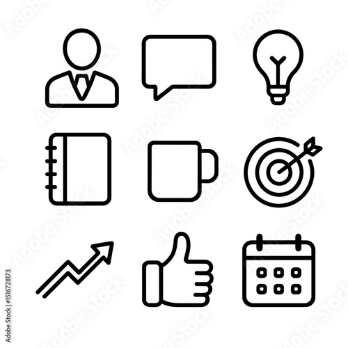 Mentorship Icon Set. Outline icon set of mentorship sessions: mentor figure, speech bubble, lightbulb, notebook, coffee mug,