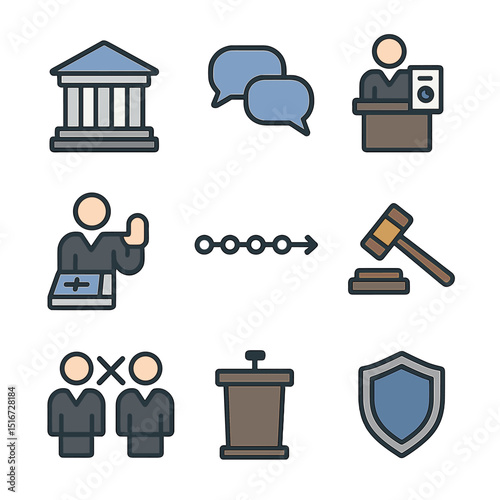 Legal Icons Grid. Flat icon set of litigation and court procedures: court building, legal arguments icon, case