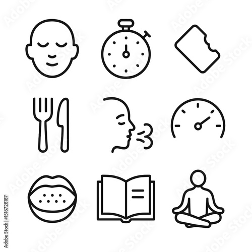 Mindful Eating Icons. Outline icon set of mindful eating practices: closed eyes face, stopwatch timer, bite-size piece, utensil