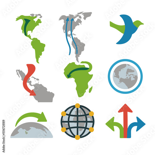 Global Migration Flyways. Flat icon set of global migration flyways: Pacific flyway path, Atlantic flyway map,