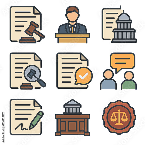 Legal Icons Grid. Flat icon set of public policy and law drafting: legal draft, policy maker, legislative bill