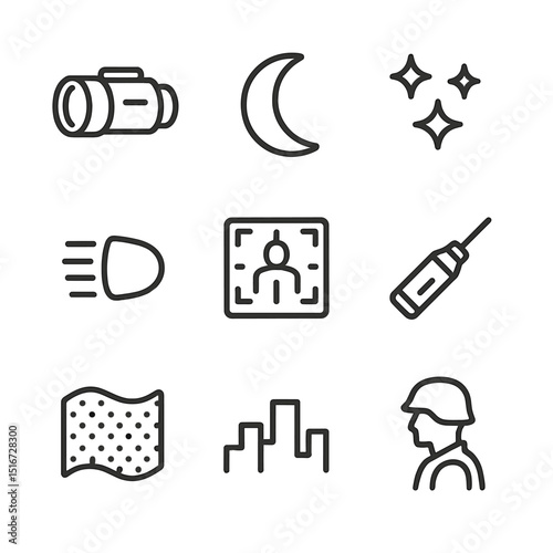 Night Operations Icons. Outline icon set of night operations: night-vision scope, crescent moon, star cluster, vehicle headlight
