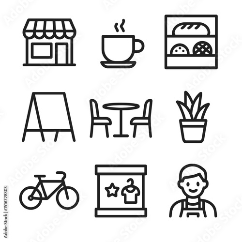 Neighborhood Cafe Icons. Outline icon set of neighborhood cafes and shops: café awning, coffee cup, bakery display, sandwich board