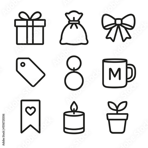 Party Favors Icons. Outline icon set of party favors and gifts: gift box, favor bag, ribbon bow, thank-you tag, souvenir keychain,