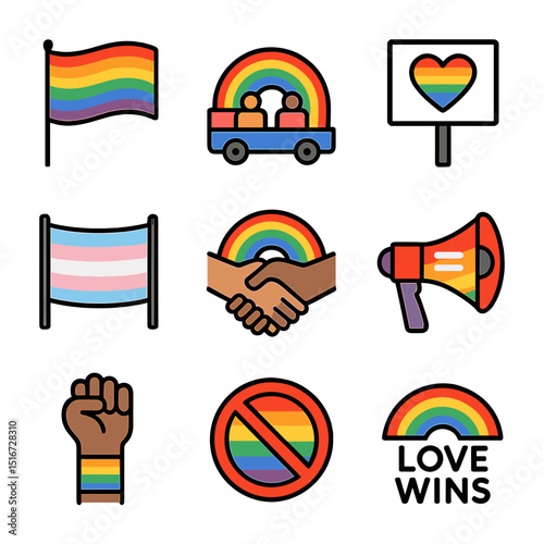 LGBTQ+ Icon Set. Flat icon set of LGBTQ+ rights activism: rainbow flag, pride parade float, protest heart sign
