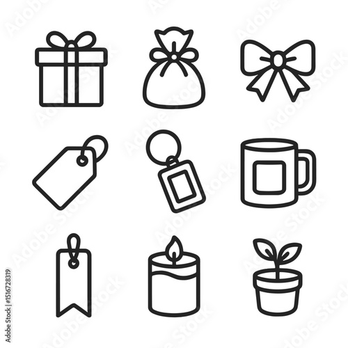 Party Favors Icons. Outline icon set of party favors and gifts: gift box, favor bag, ribbon bow, thank-you tag, souvenir keychain,