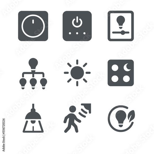 Lighting Control Icons. Flat icon set of lighting system controls: wall dimmer panel, home automation hub,