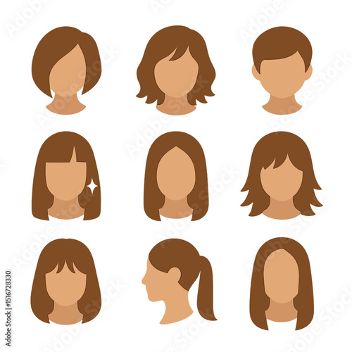 Haircut Style Icons. Flat icon set of women’s haircut styles post-comb: angled bob, layered waves, pixie crop,
