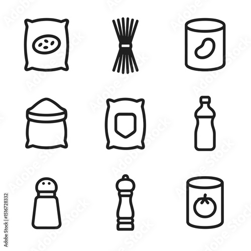 Pantry Icon Set. Outline icon set of pantry staples shelf: rice bag, pasta bundle, canned beans, flour sack, sugar bag, cooking