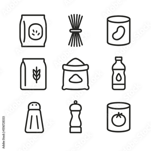 Pantry Icon Set. Outline icon set of pantry staples shelf: rice bag, pasta bundle, canned beans, flour sack, sugar bag, cooking
