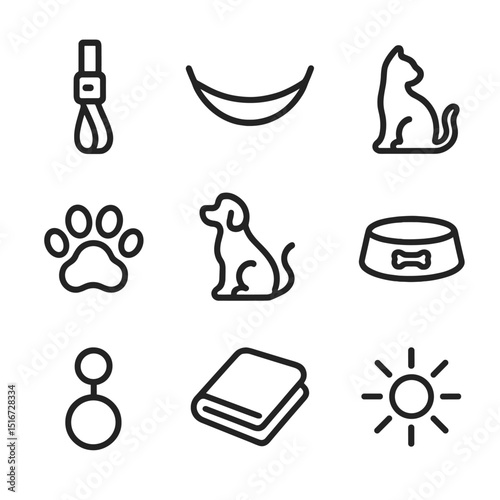Pet Hammock Icons. Outline icon set of hammock with pets: hammock strap, hammock, cat silhouette, dog silhouette, paw print, pet