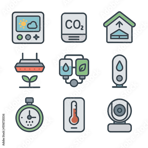 Greenhouse Automation Icons. Flat icon set of greenhouse automation: climate control panel, CO2 sensor,