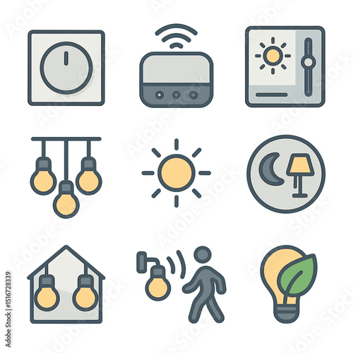 Lighting Control Icons. Flat icon set of lighting system controls: wall dimmer panel, home automation hub,