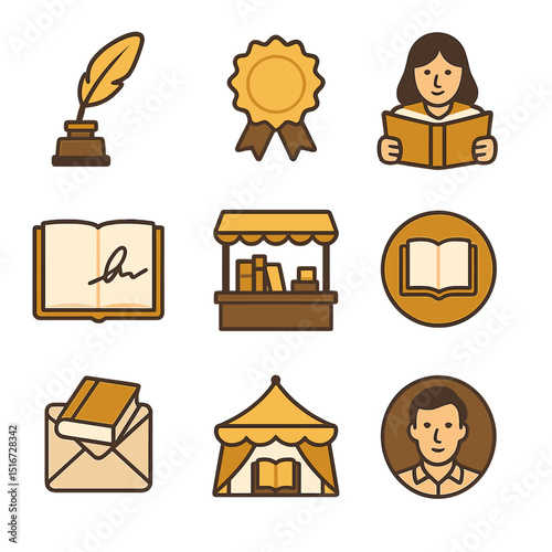 Literary Icons Grid. Flat icon set of literary awards and achievements: golden quill trophy, bestseller badge,