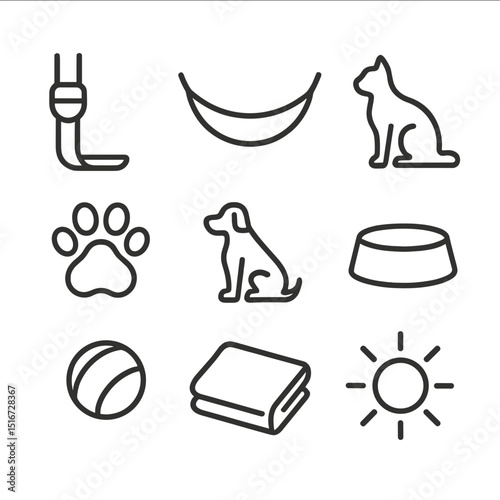 Pet Hammock Icons. Outline icon set of hammock with pets: hammock strap, hammock, cat silhouette, dog silhouette, paw print, pet