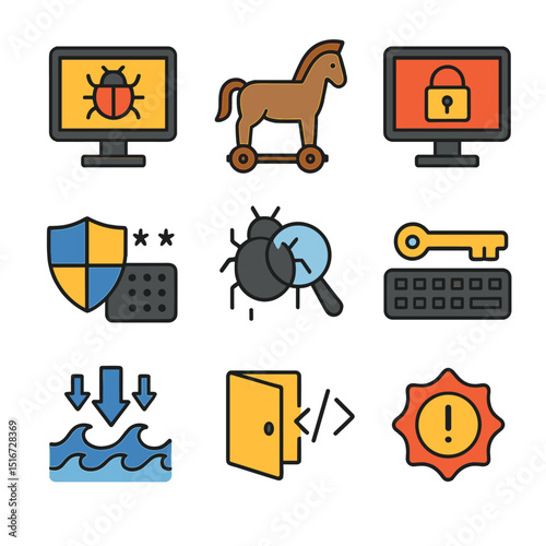 Hacking Methods Icon Set. Flat icon set of hacking methods: virus icon, trojan horse, ransomware screen, brute