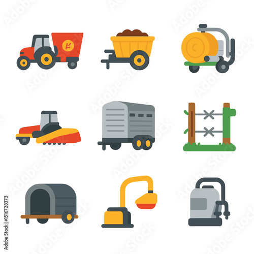 Livestock Machinery Icons. Flat icon set of livestock-related machinery: tractor with feed mixer, manure